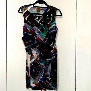 Cocktail Dress multicolored silk abstract design made by Ali Ro. Draped front